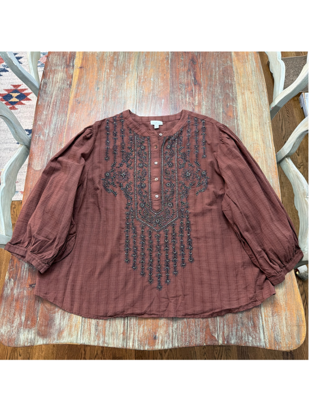 Pure Jill Elements 4X Rust Brown Beaded Tunic Blouse Textured Boho Peasant Top